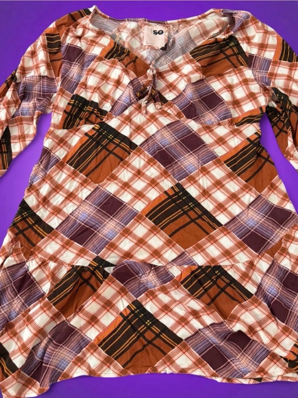 SO Girls' Plaid Ruffle Dress in Brown, Purple, White Y2K